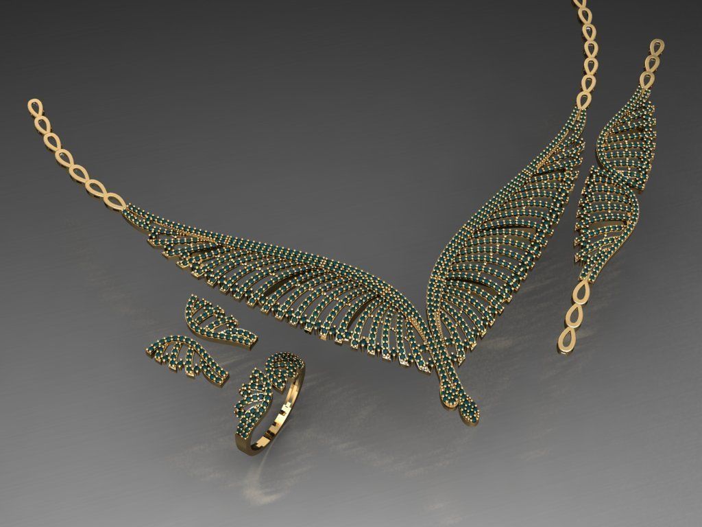 S15- Diamond necklace earring ring bracelet gold set  3D print model_2