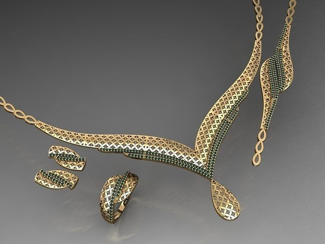 S16- Diamond necklace earring ring bracelet gold set  3D print model