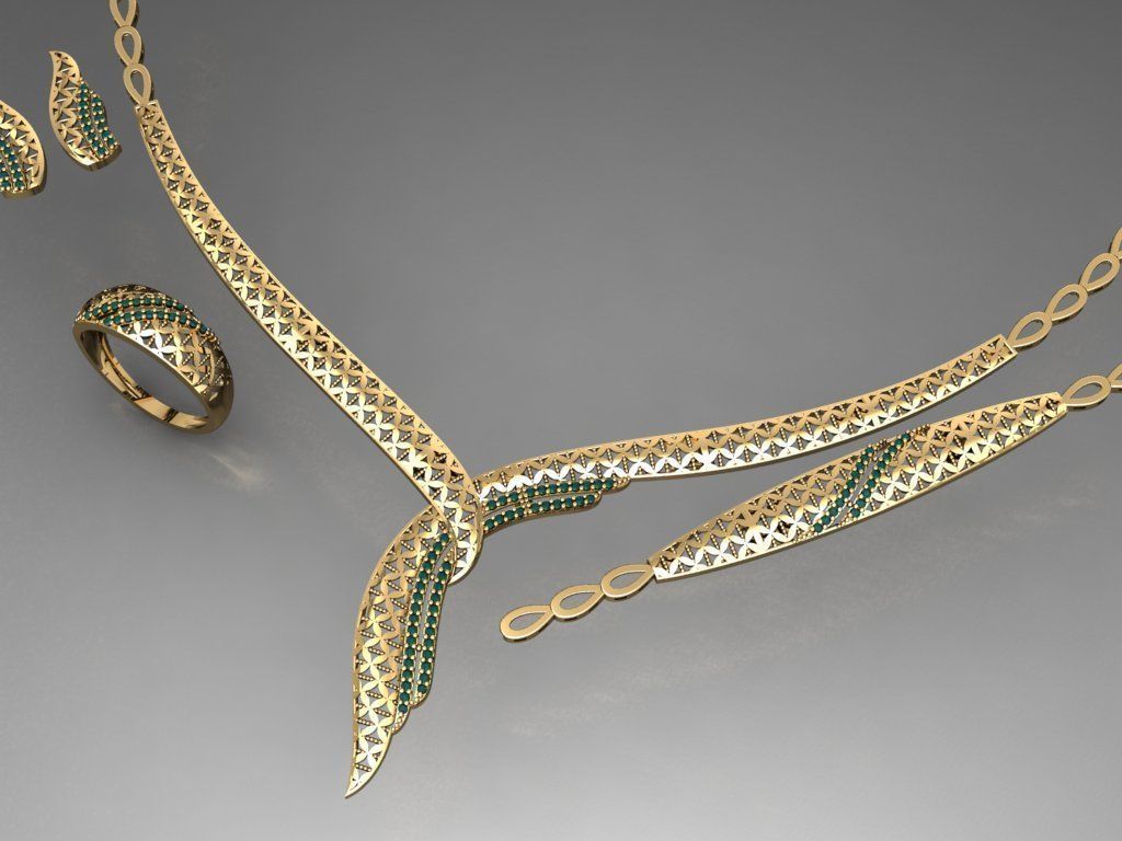 S18- Diamond necklace earring ring bracelet gold set  3D print model_3