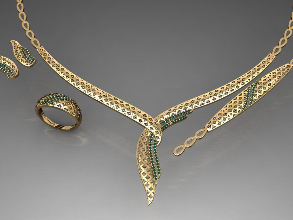 S18- Diamond necklace earring ring bracelet gold set  3D print model_2