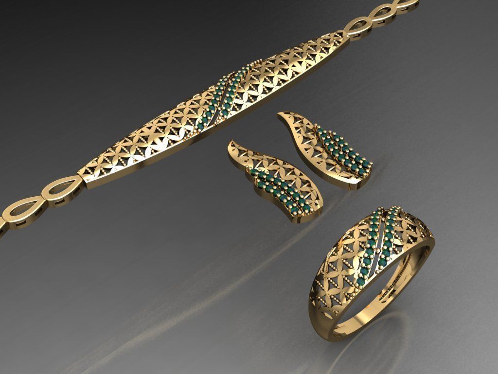 S18- Diamond necklace earring ring bracelet gold set  3D print model_6