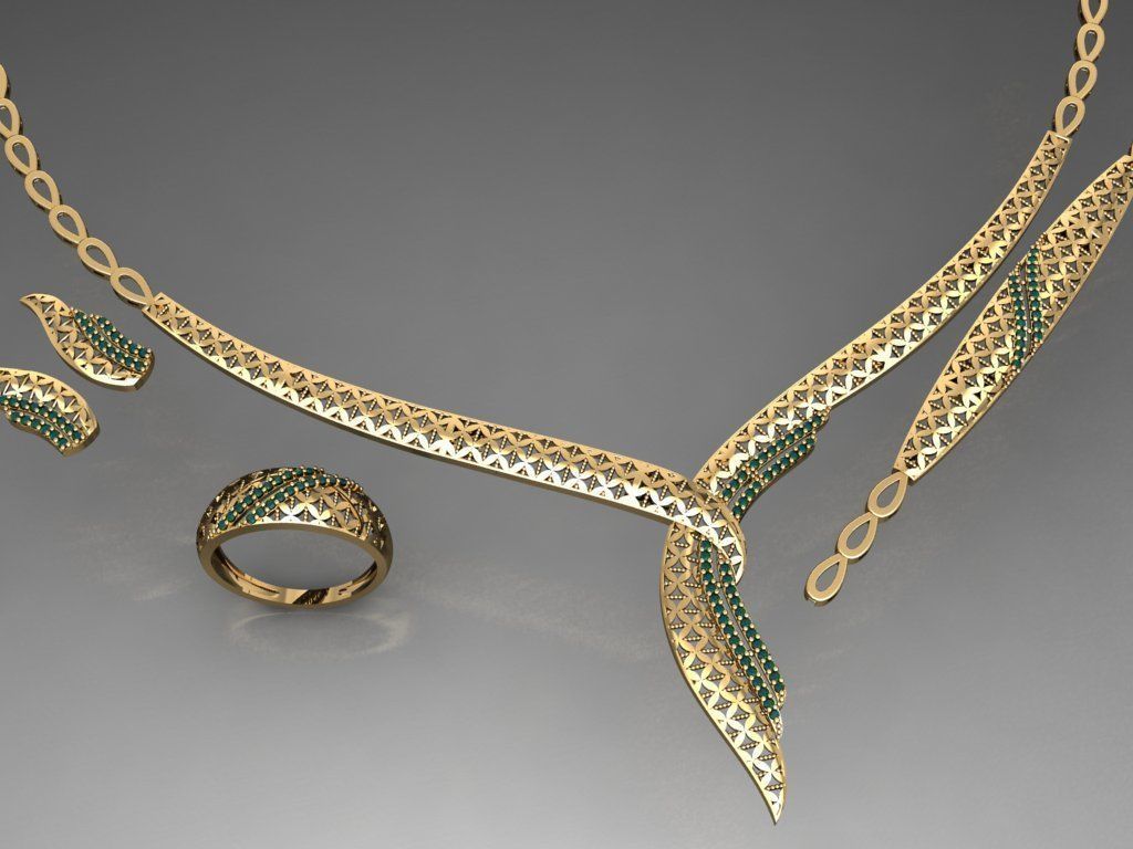 S18- Diamond necklace earring ring bracelet gold set  3D print model_1