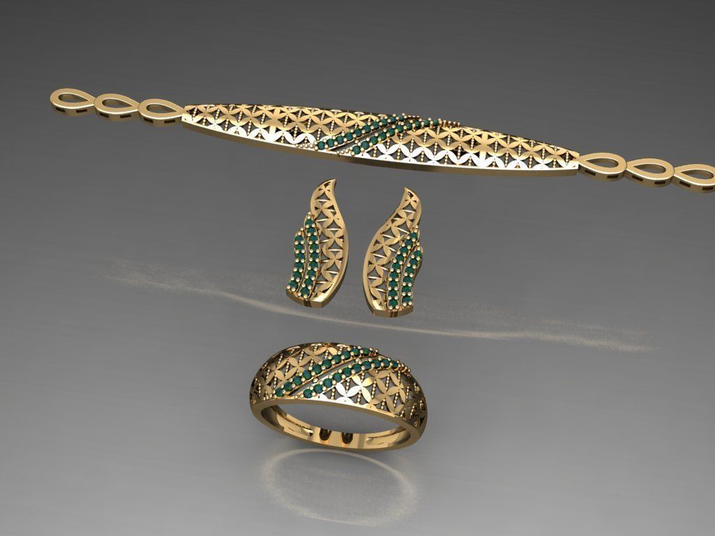 S18- Diamond necklace earring ring bracelet gold set  3D print model_5