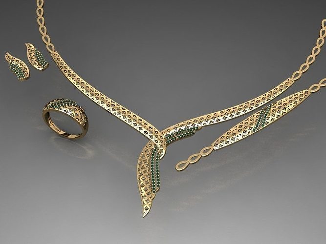 S18- Diamond necklace earring ring bracelet gold set  3D print model