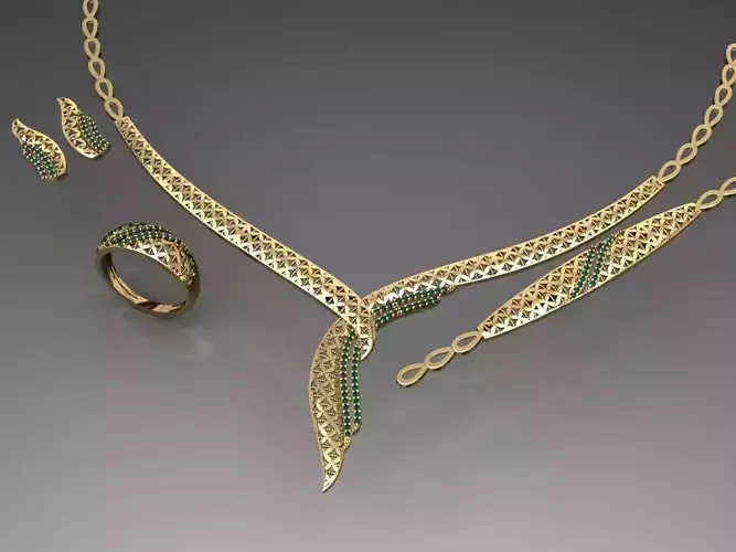 S18- Diamond necklace earring ring bracelet gold set 