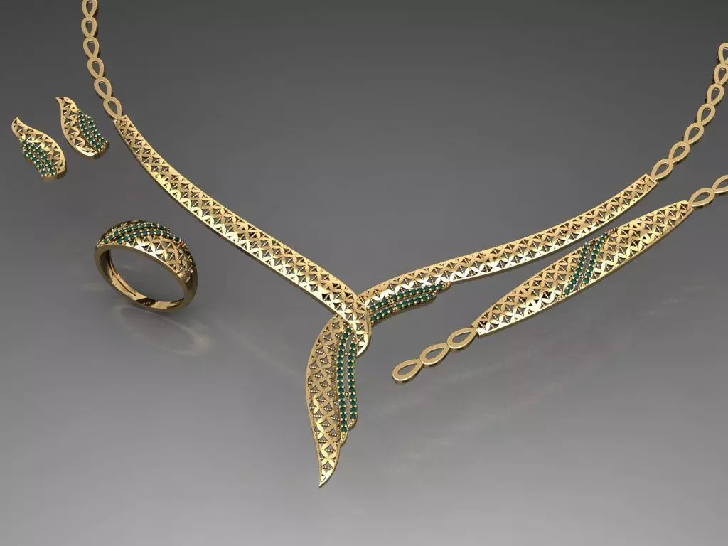 S18- Diamond necklace earring ring bracelet gold set  3D print model_0