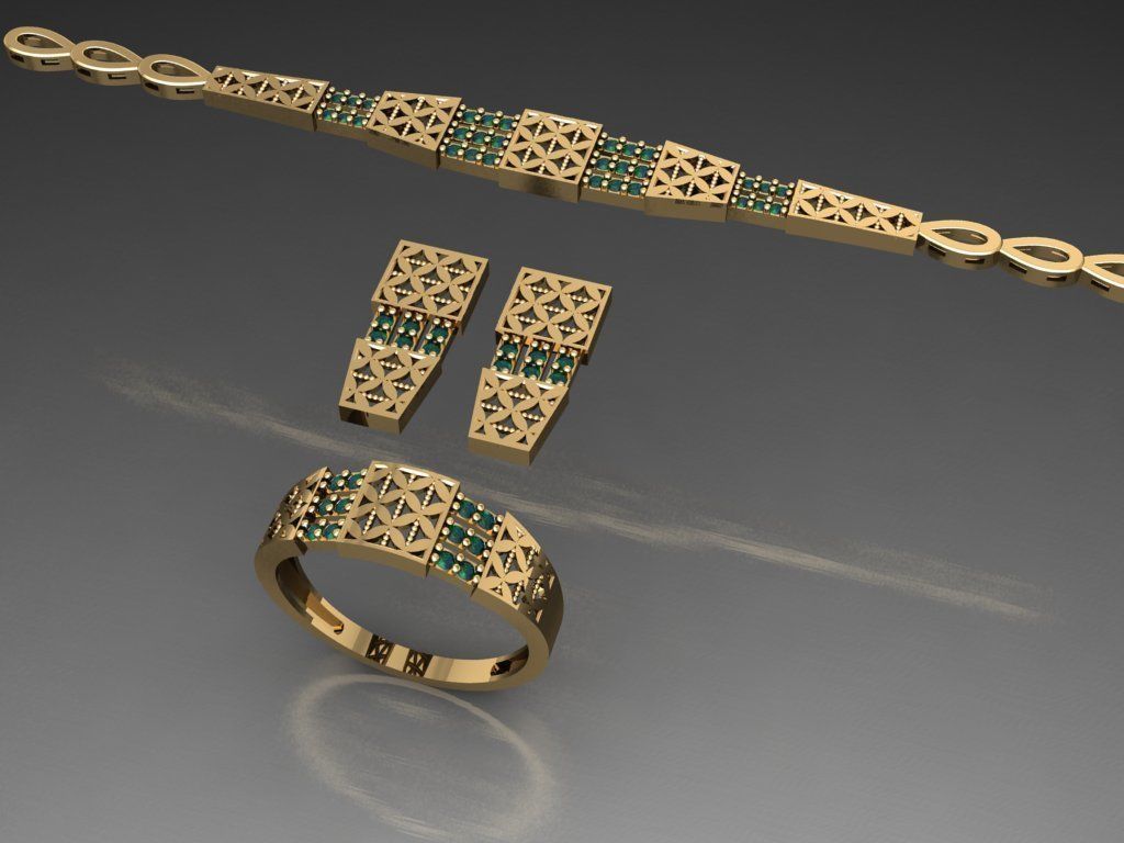 S19- Diamond necklace earring ring bracelet gold set 3D print model_2