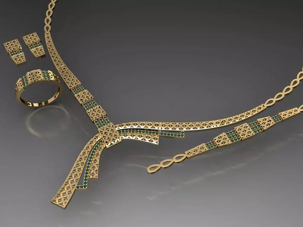 S19- Diamond necklace earring ring bracelet gold set 3D print model_0