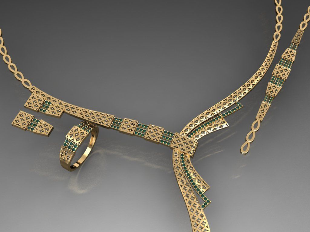 S19- Diamond necklace earring ring bracelet gold set 3D print model_5