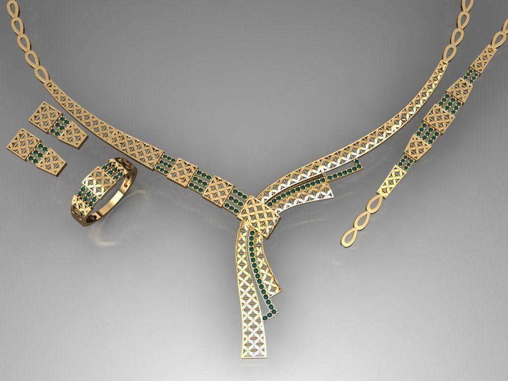 S19- Diamond necklace earring ring bracelet gold set 3D print model_3