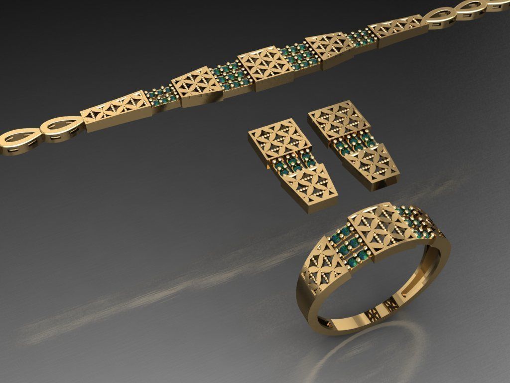 S19- Diamond necklace earring ring bracelet gold set 3D print model_1