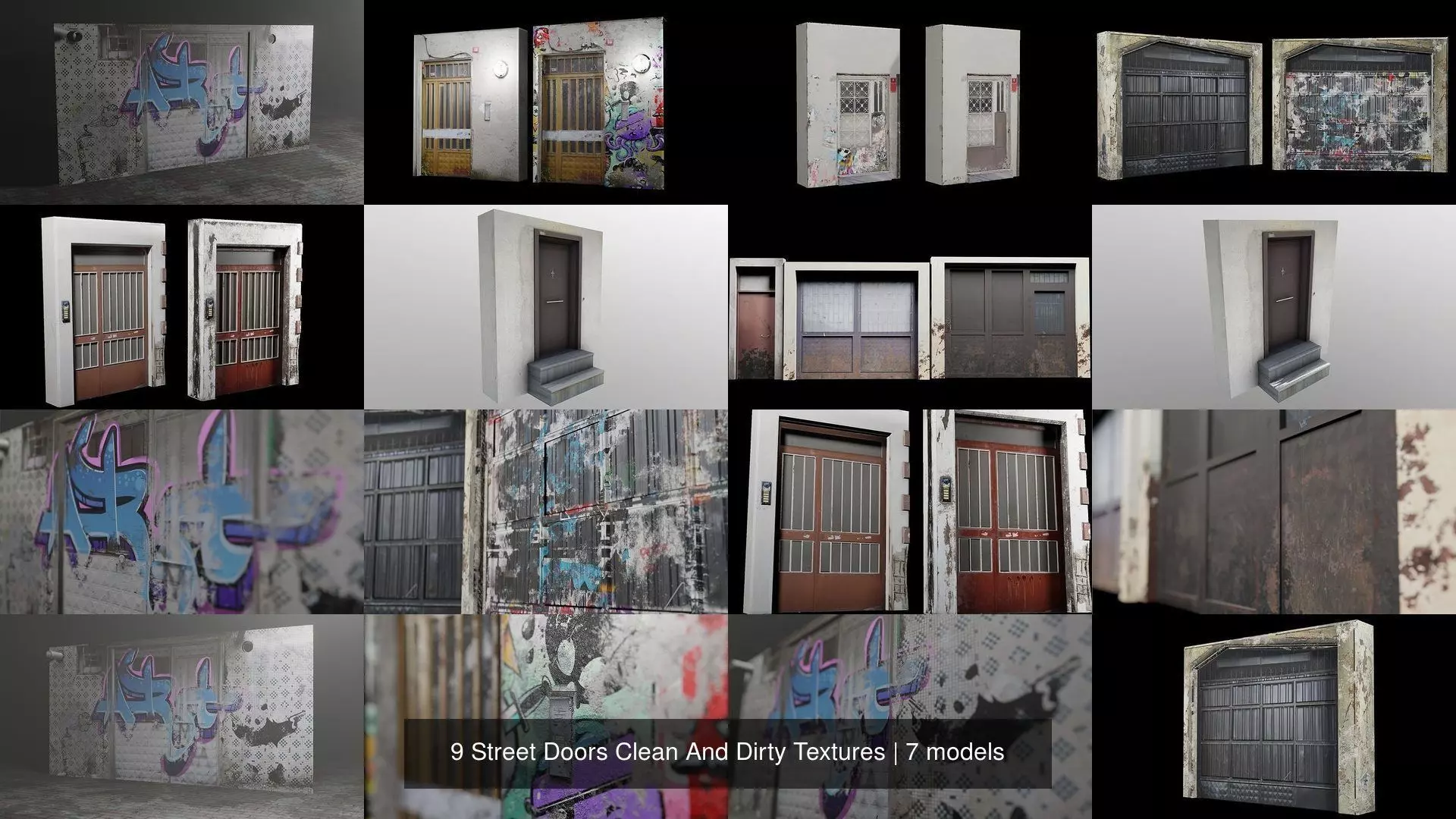9 Street Doors Clean And Dirty Textures 3D Model Collection_0