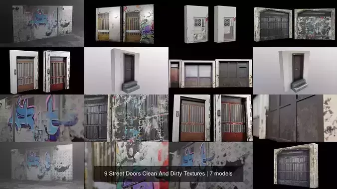 9 Street Doors Clean And Dirty Textures 3D Model Collection