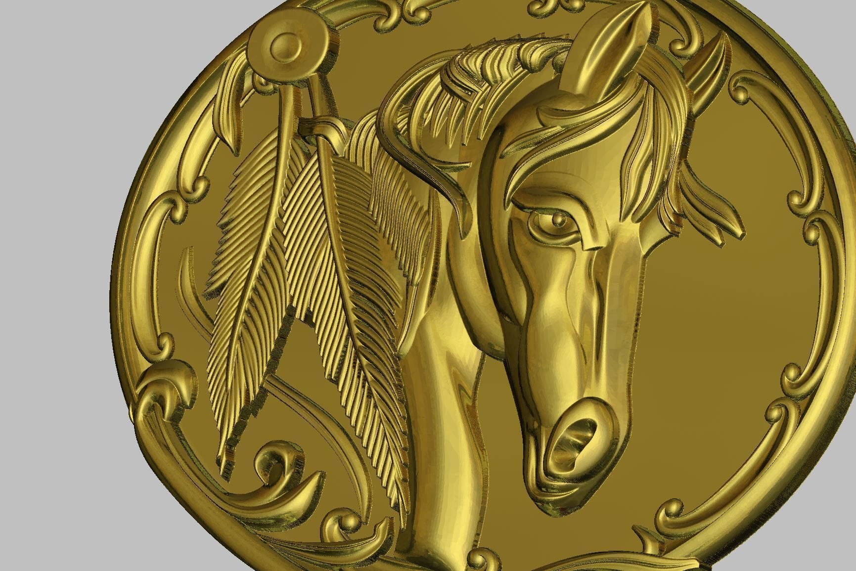 Horse Model gold medallion with head of 3D print model_6