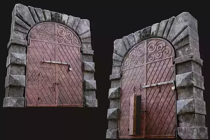 Medieval Fortress Gate Arched - Rigged and animated  Low-poly 3D model
