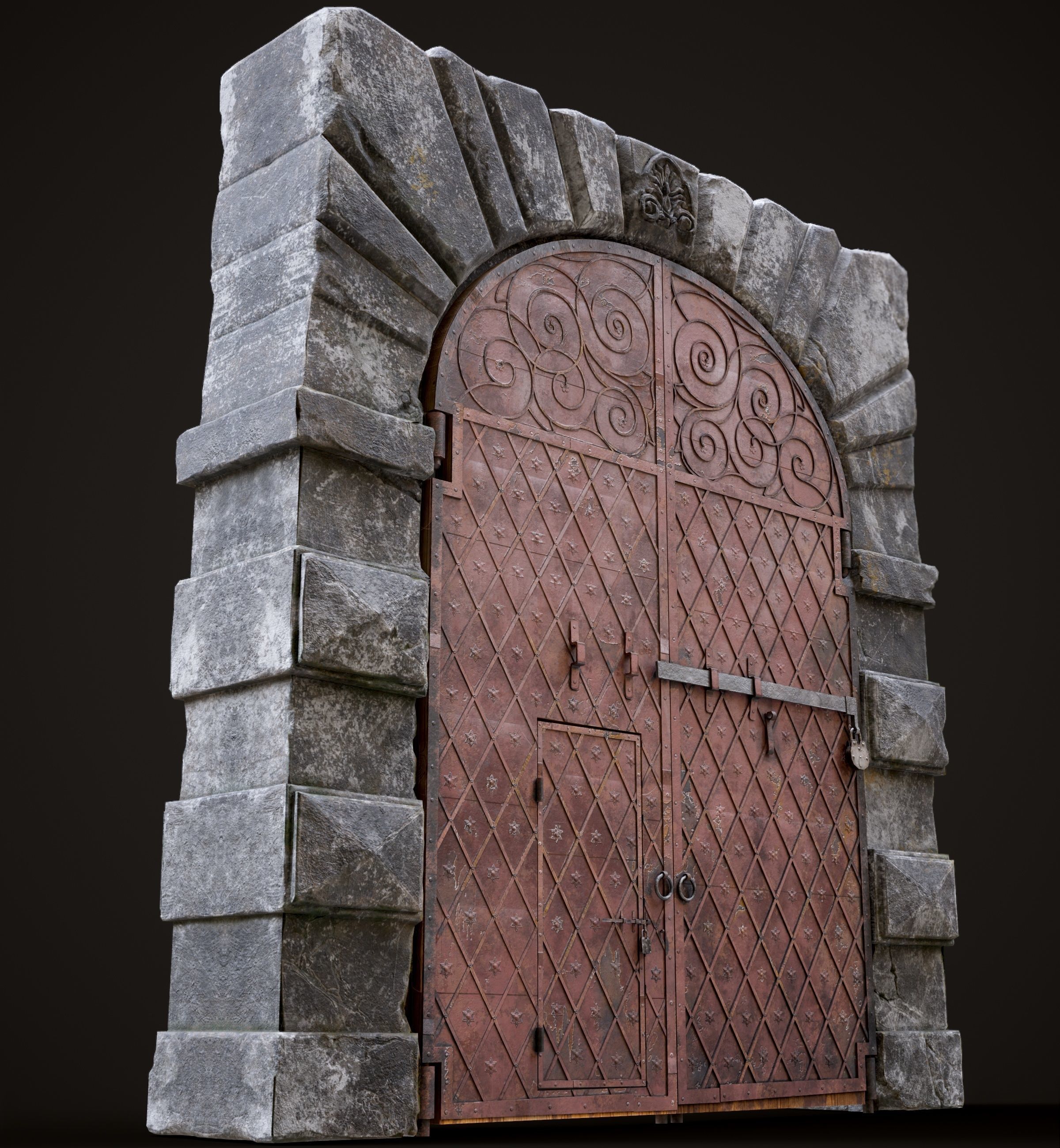 Medieval Fortress Gate Arched - Rigged and animated  Low-poly 3D model_1