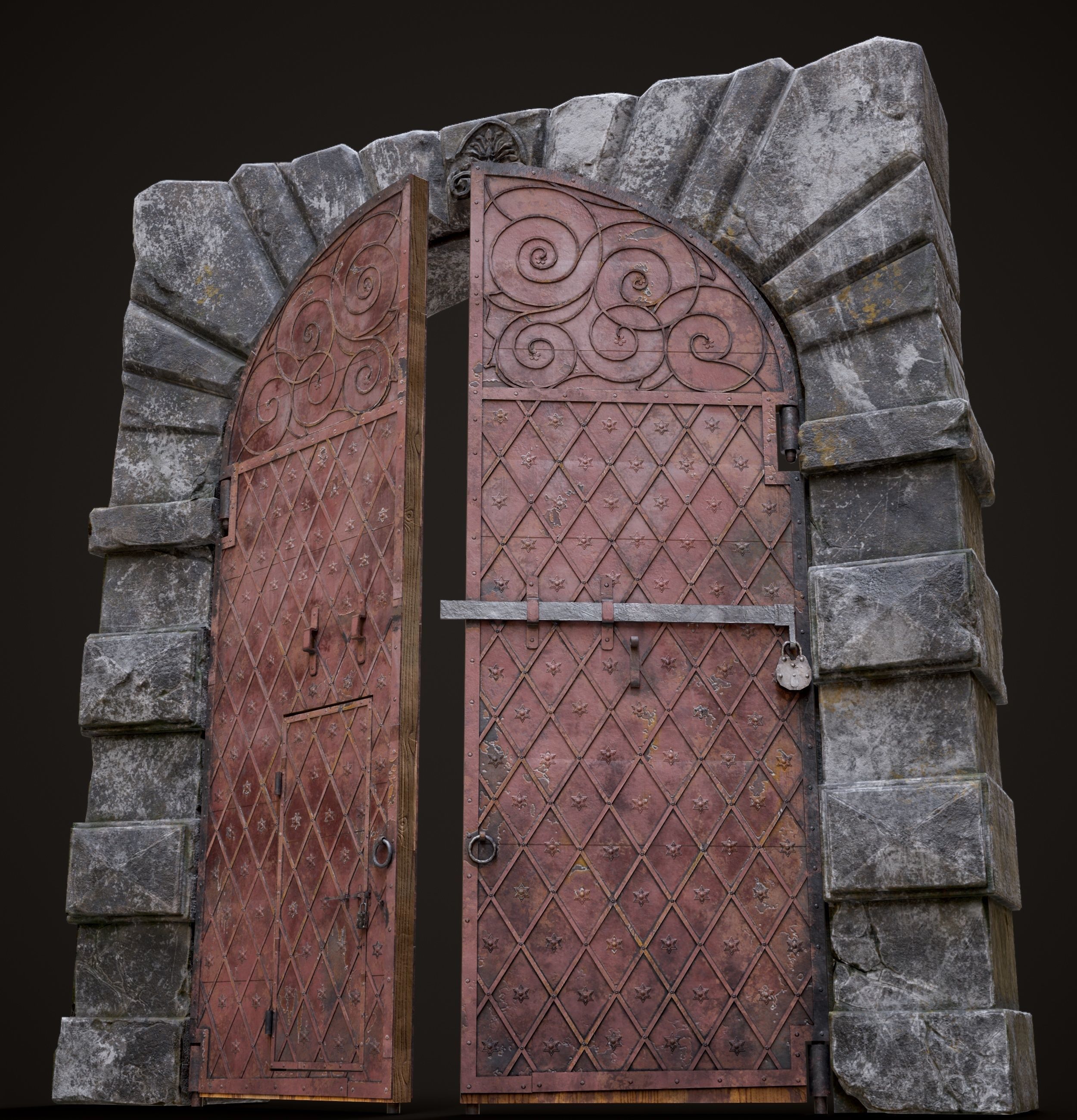 Medieval Fortress Gate Arched - Rigged and animated  Low-poly 3D model_5