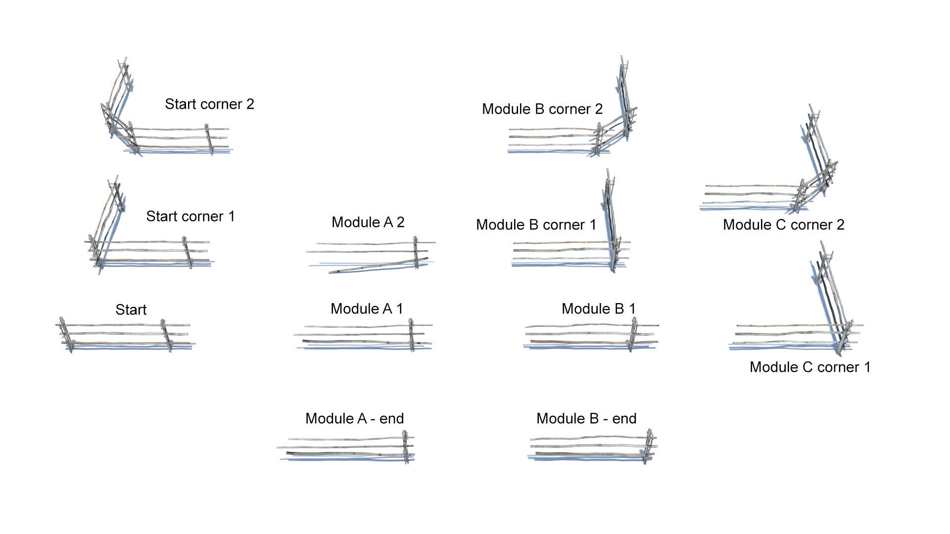 Modular medieval wooden rod fence Low-poly 3D model_3