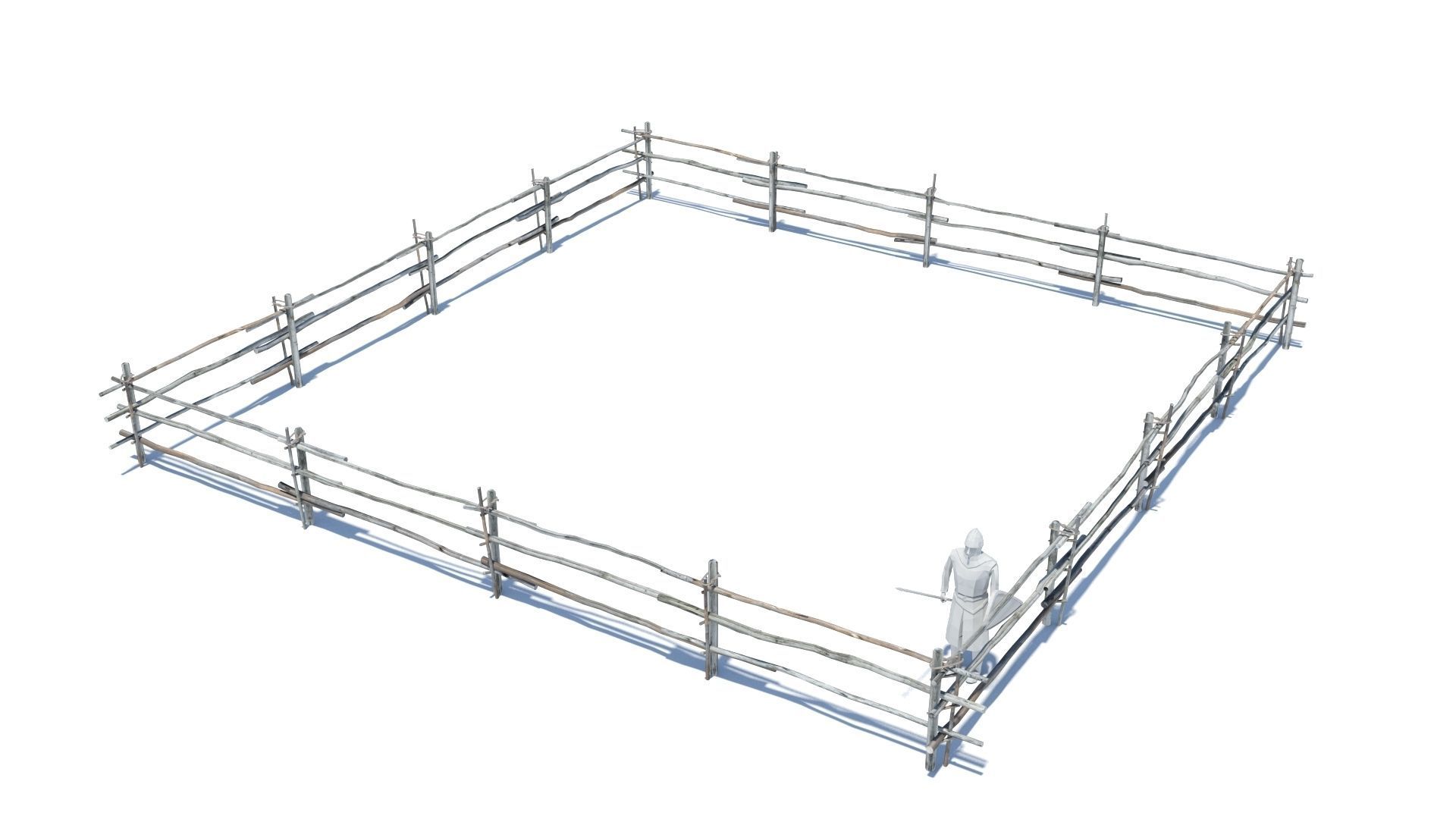 Modular medieval wooden rod fence Low-poly 3D model_1