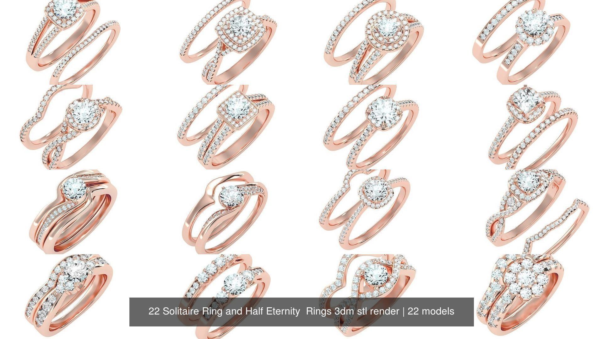 22 Solitaire Ring and Half Eternity Rings 3dm stl render 3D Model Collection_1