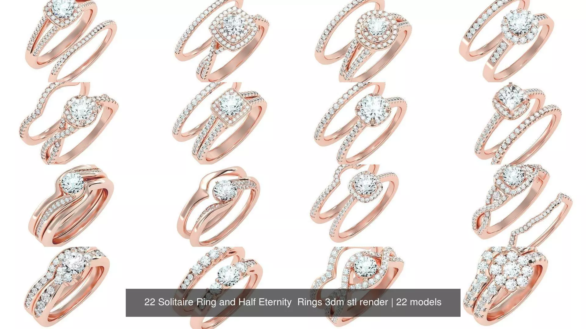 22 Solitaire Ring and Half Eternity Rings 3dm stl render 3D Model Collection_0