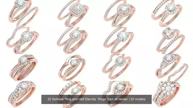 22 Solitaire Ring and Half Eternity  Rings 3dm stl render 3D Model Collection