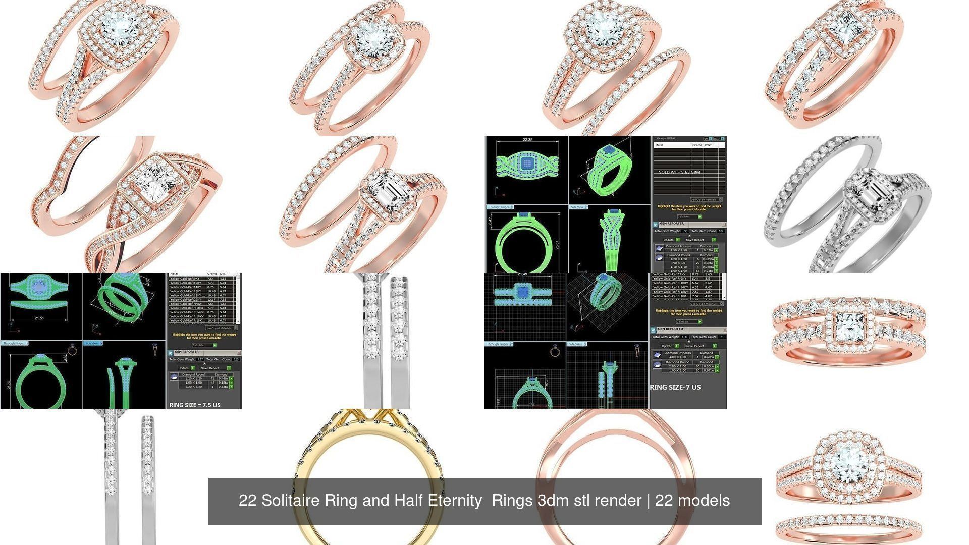 22 Solitaire Ring and Half Eternity Rings 3dm stl render 3D Model Collection_2
