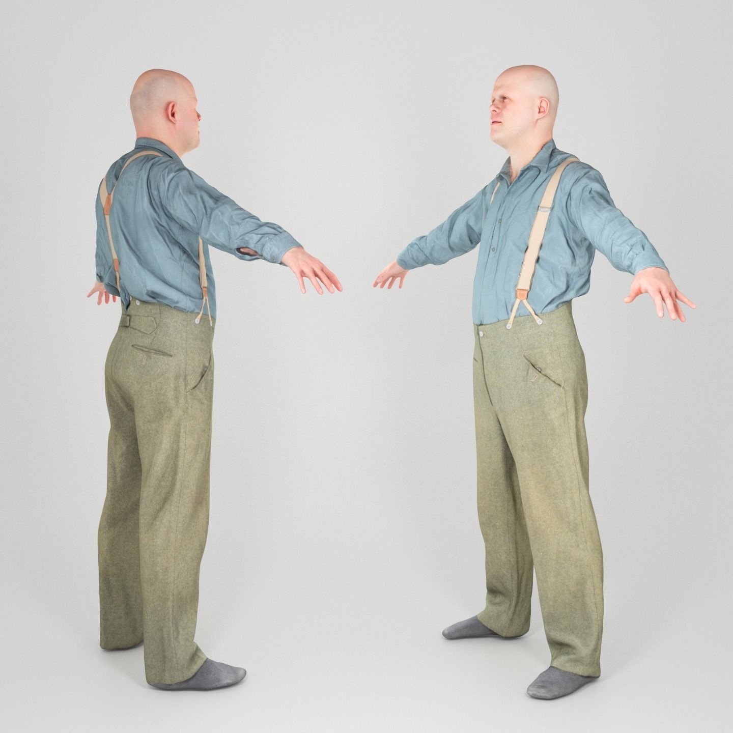 Bald man in shirt and pants with suspenders 182 Low-poly 3D model_1
