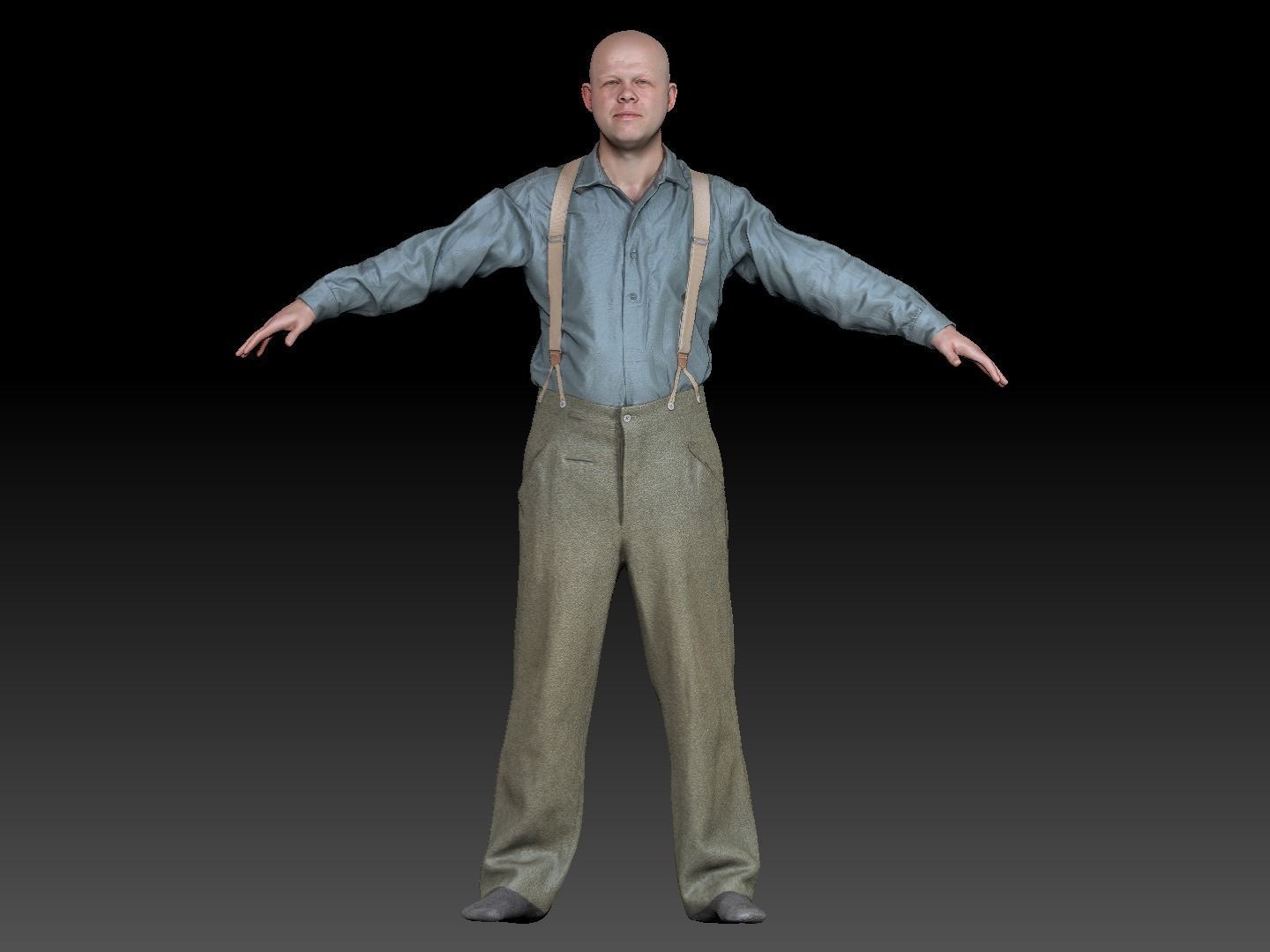 Bald man in shirt and pants with suspenders 182 Low-poly 3D model_5