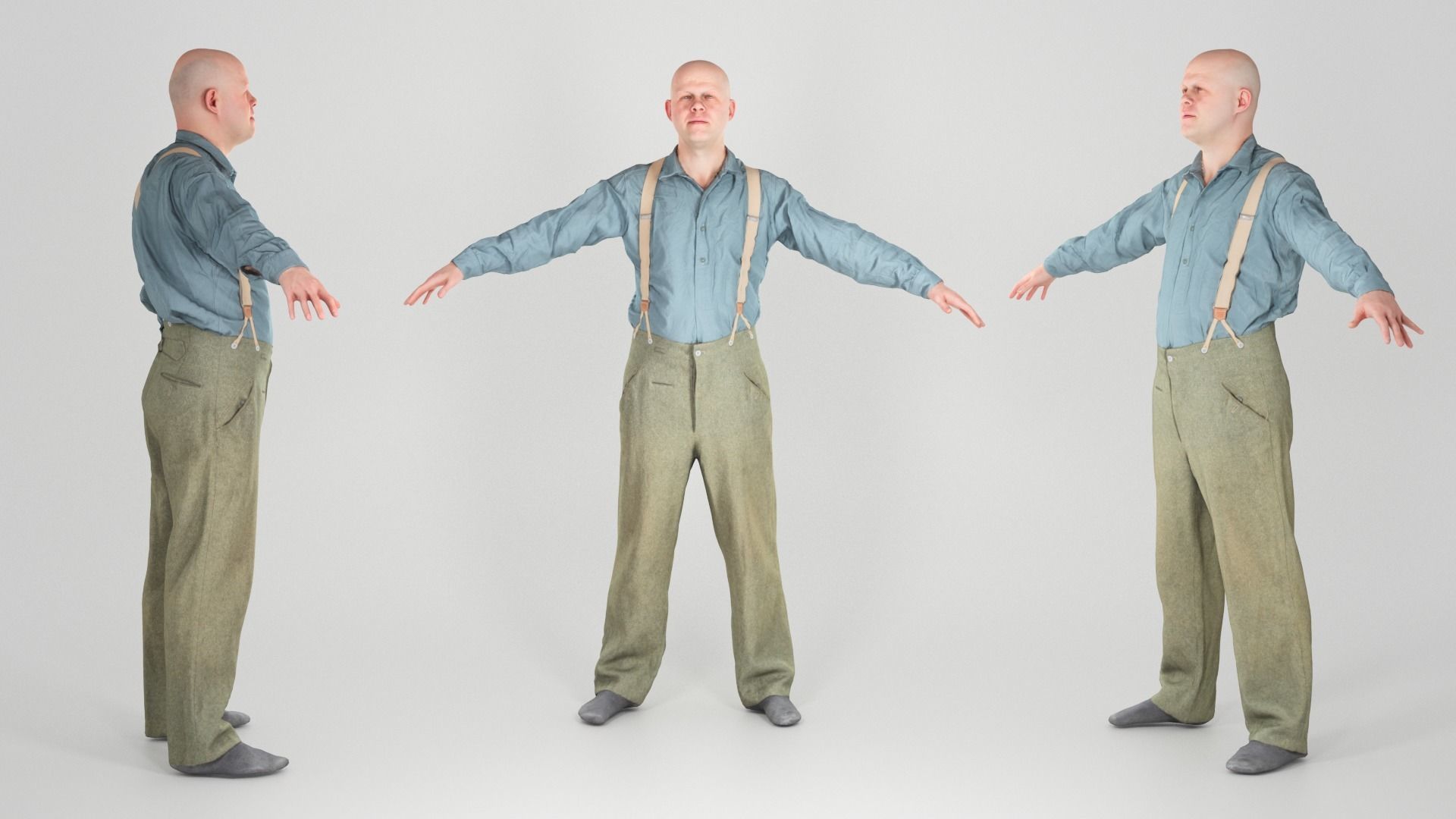 Bald man in shirt and pants with suspenders 182 Low-poly 3D model_2