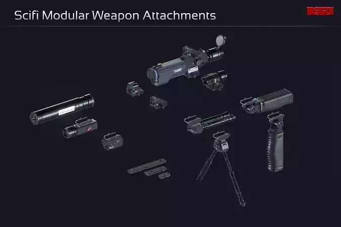 Scifi Modular Weapon Attachments Low-poly 3D model Scifi Modular Weapon Attachments Low-poly 3D model