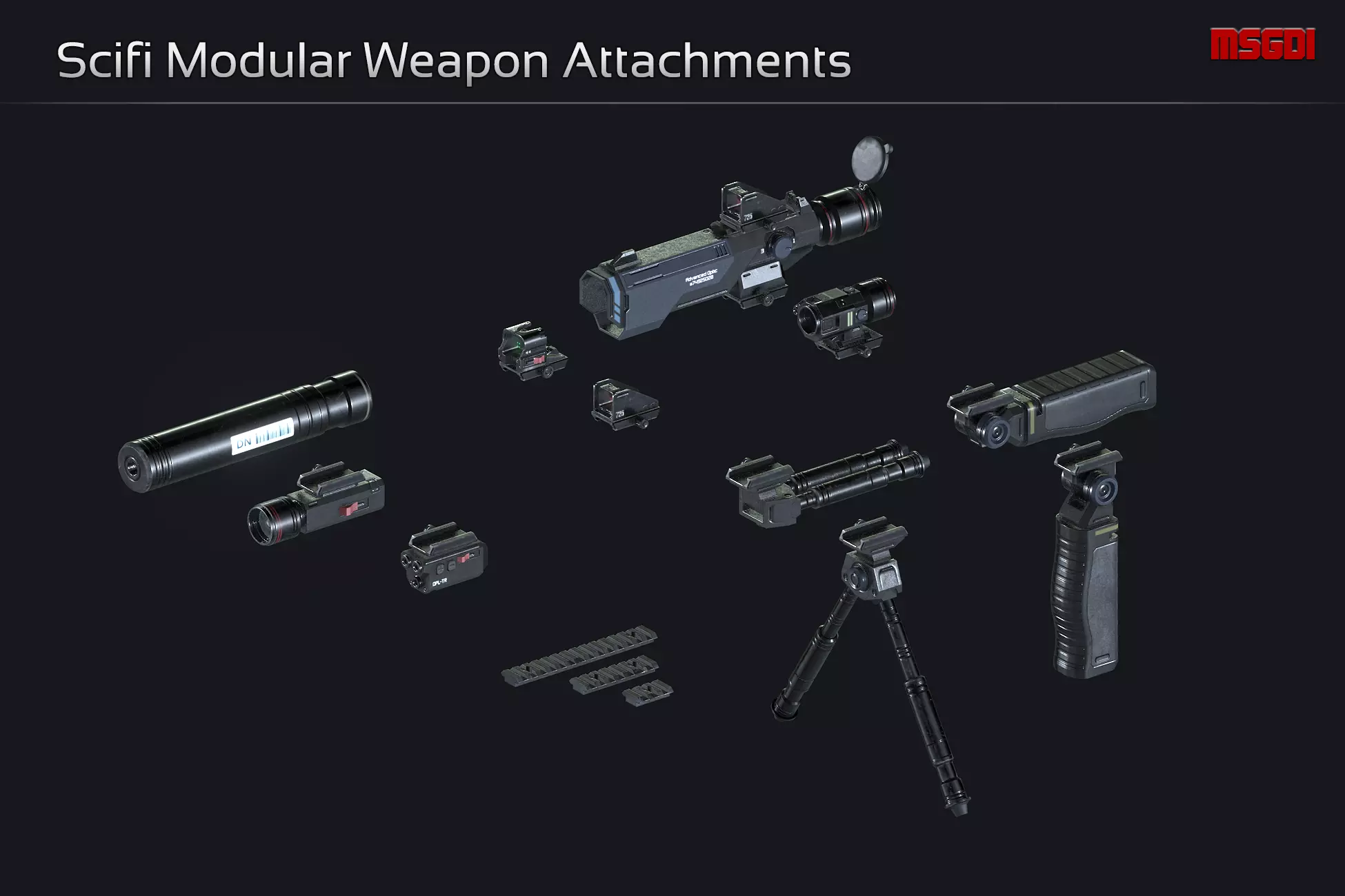 Scifi Modular Weapon Attachments Low-poly 3D model_0