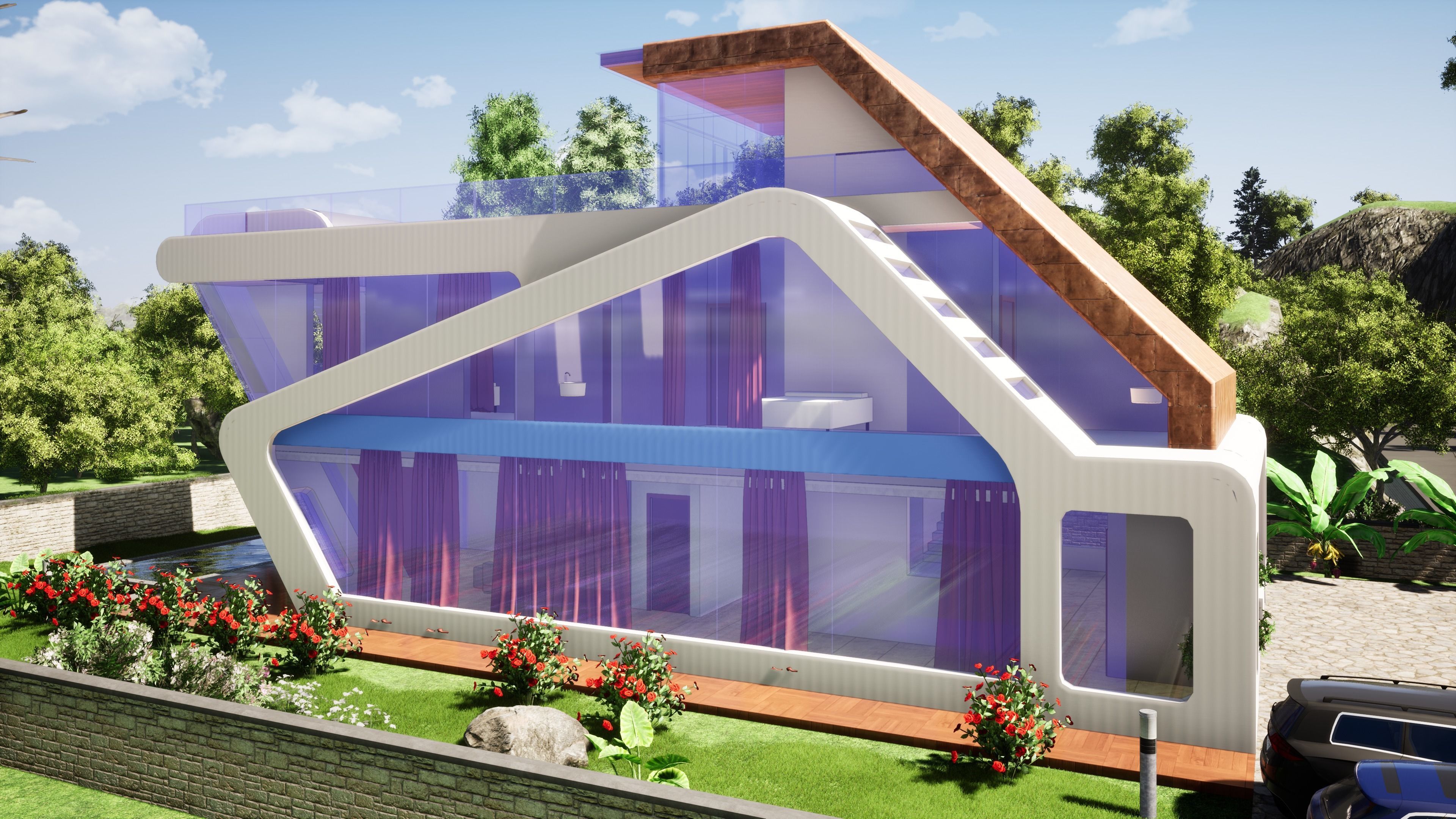 Villa modern house with roof 3D model_4