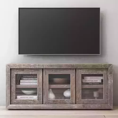 RECLAIMED RUSSIAN OAK GLASS TRIPLE-DOOR MEDIA CONSOLE