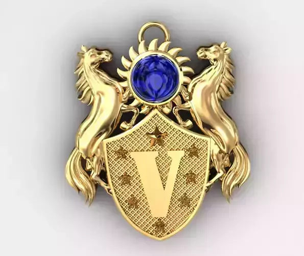 Necklace v shield medallion with sapphire