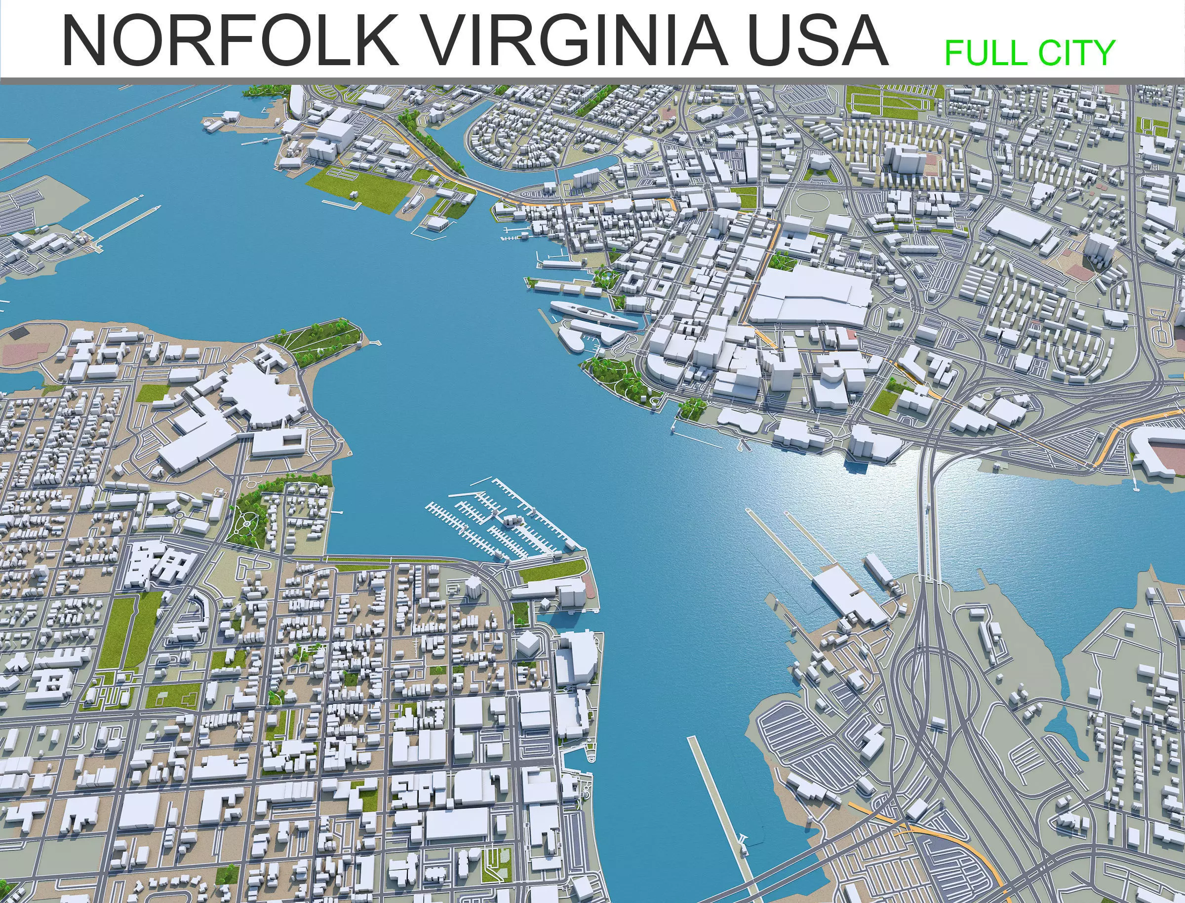 Norfolk Virginia USA 40km Low-poly 3D model