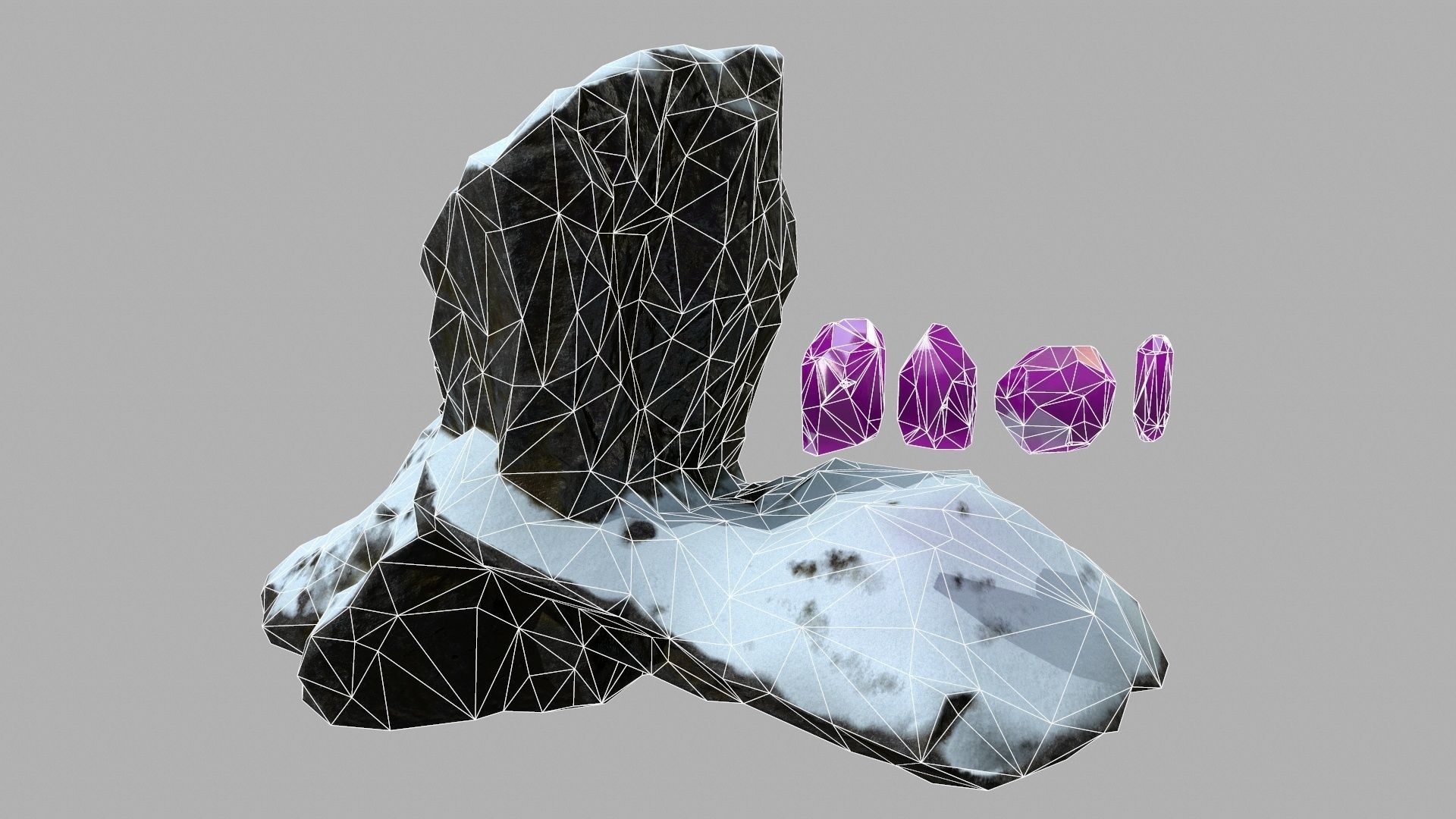 Crystal Set amethyst crystals on rock Low-poly 3D model_9
