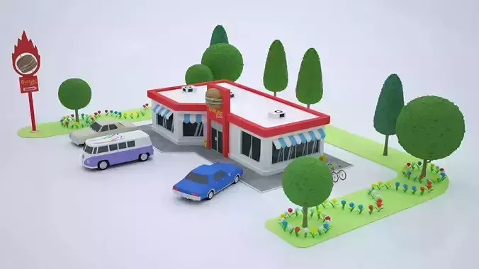 LowPoly Scene Cafe Restaurant Station
