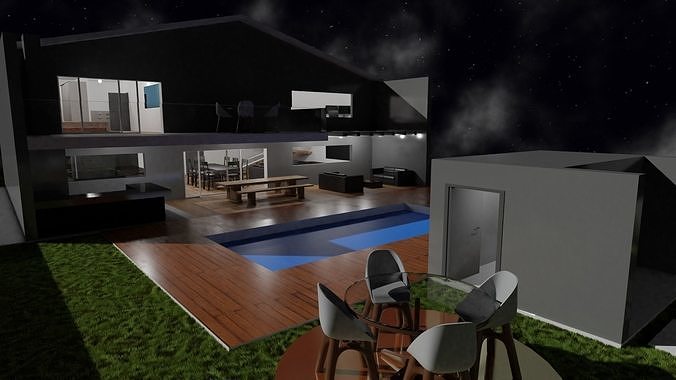 3D House modern at night Free low-poly 3D model