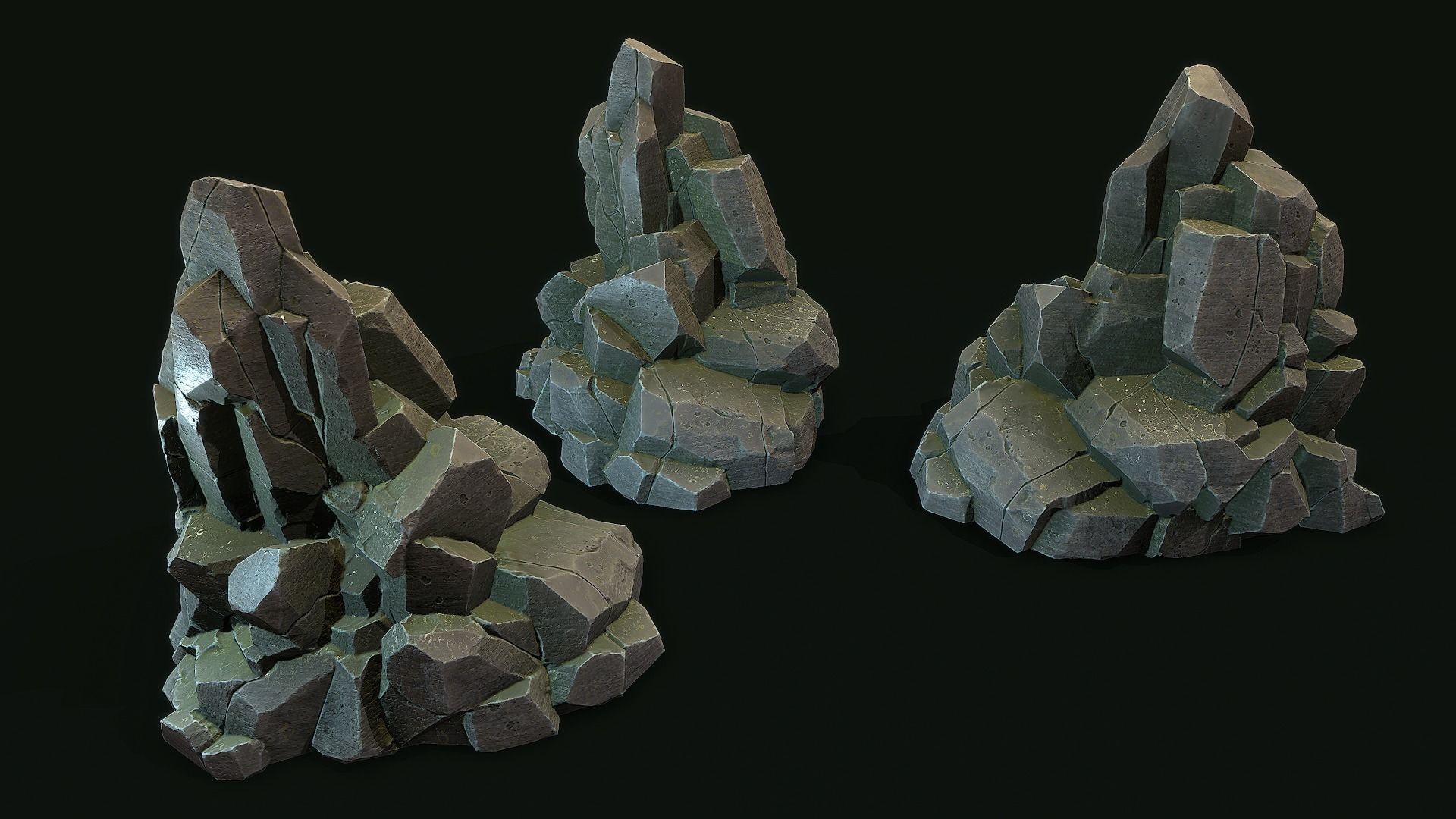 Stylized Gray Stone moss 3 PBR low poly Low-poly 3D model Low-poly 3D model_5