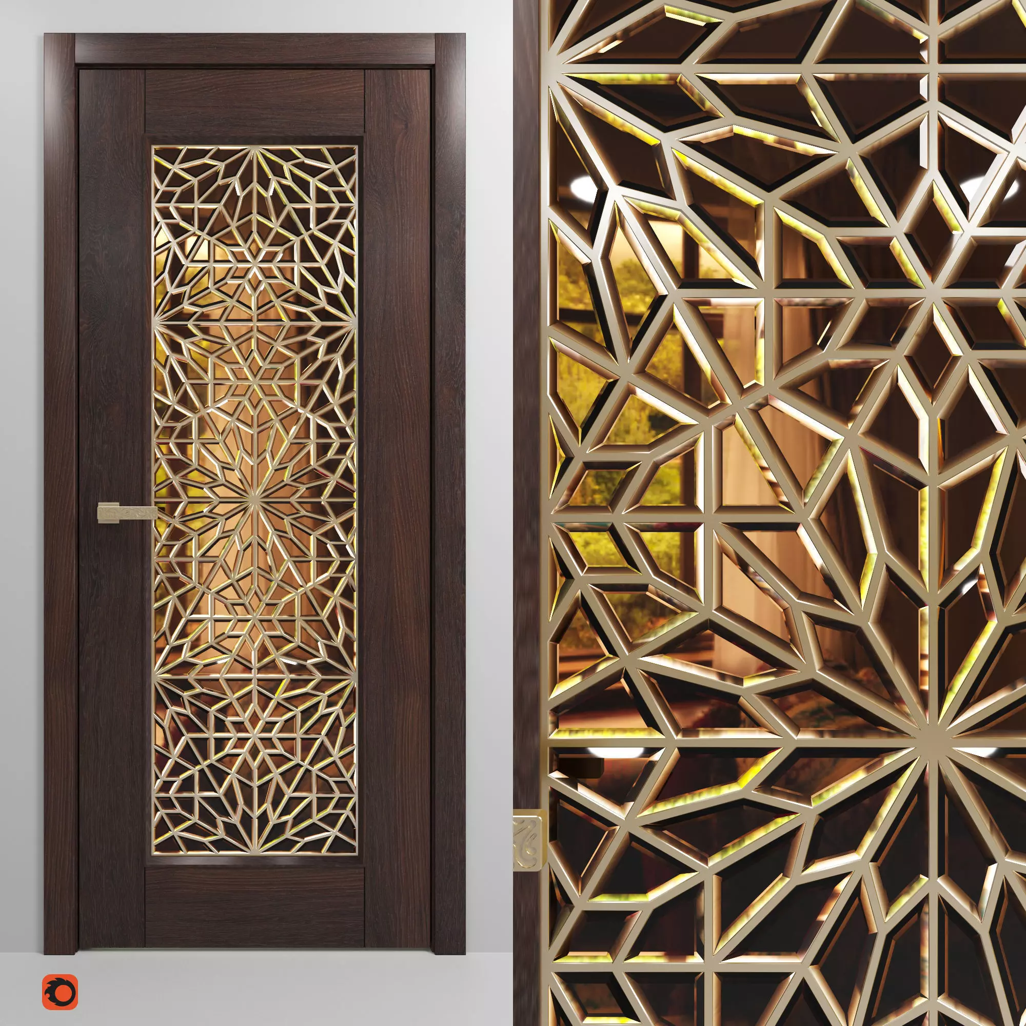 Set of interior doors with Arabic pattern stained glass 3D model_0