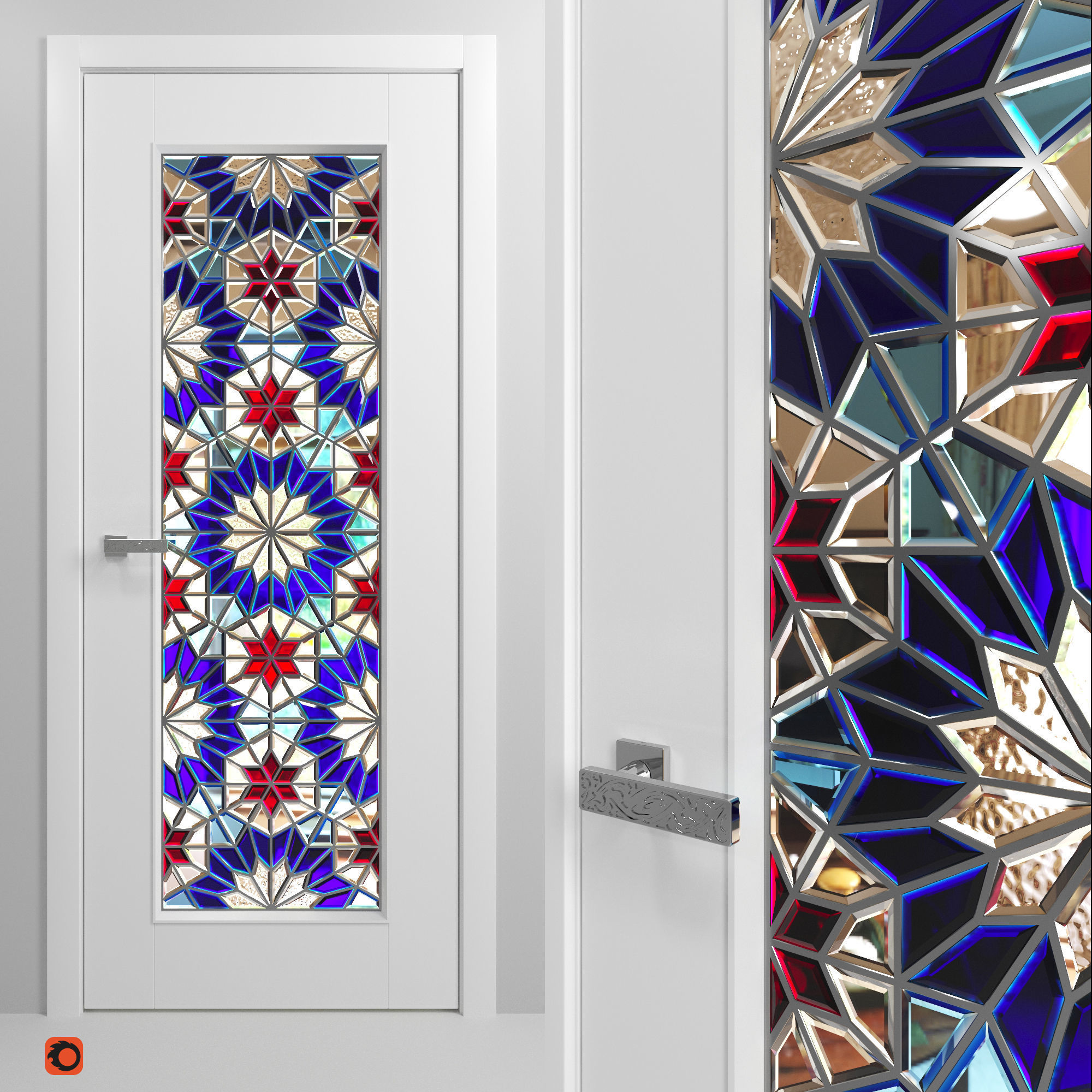Set of interior doors with Arabic pattern stained glass 3D model_3