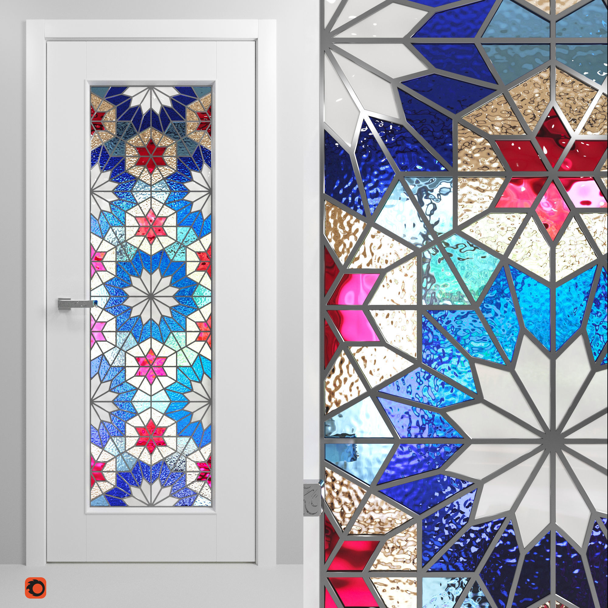 Set of interior doors with Arabic pattern stained glass 3D model_2