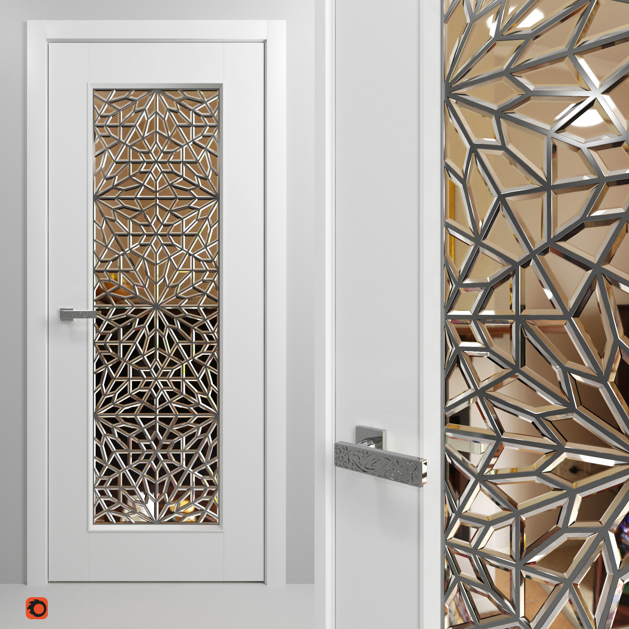 Set of interior doors with Arabic pattern stained glass 3D model_1
