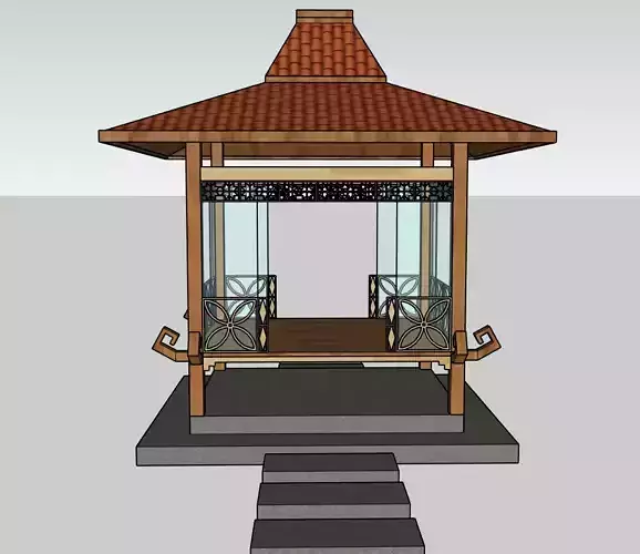 Gazebo with wooden roof Low-poly 3D model