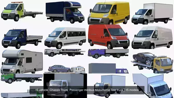 15 vehicle  Chassis Truck  Passenger minibus Motorhome Tow truck 3D Model Collection