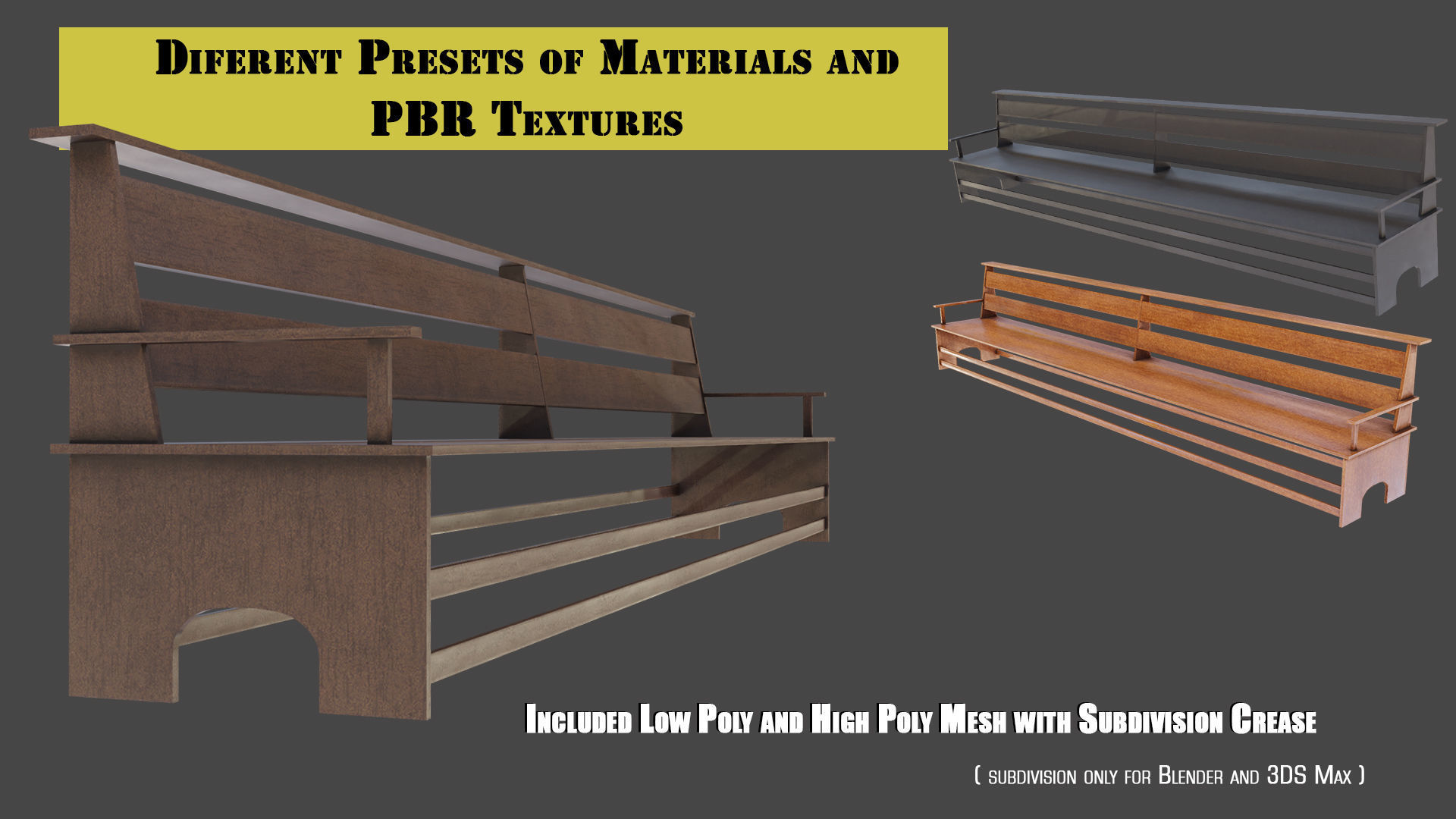 Large Bench Pew many PBR Optios Textures Low-poly 3D model_2
