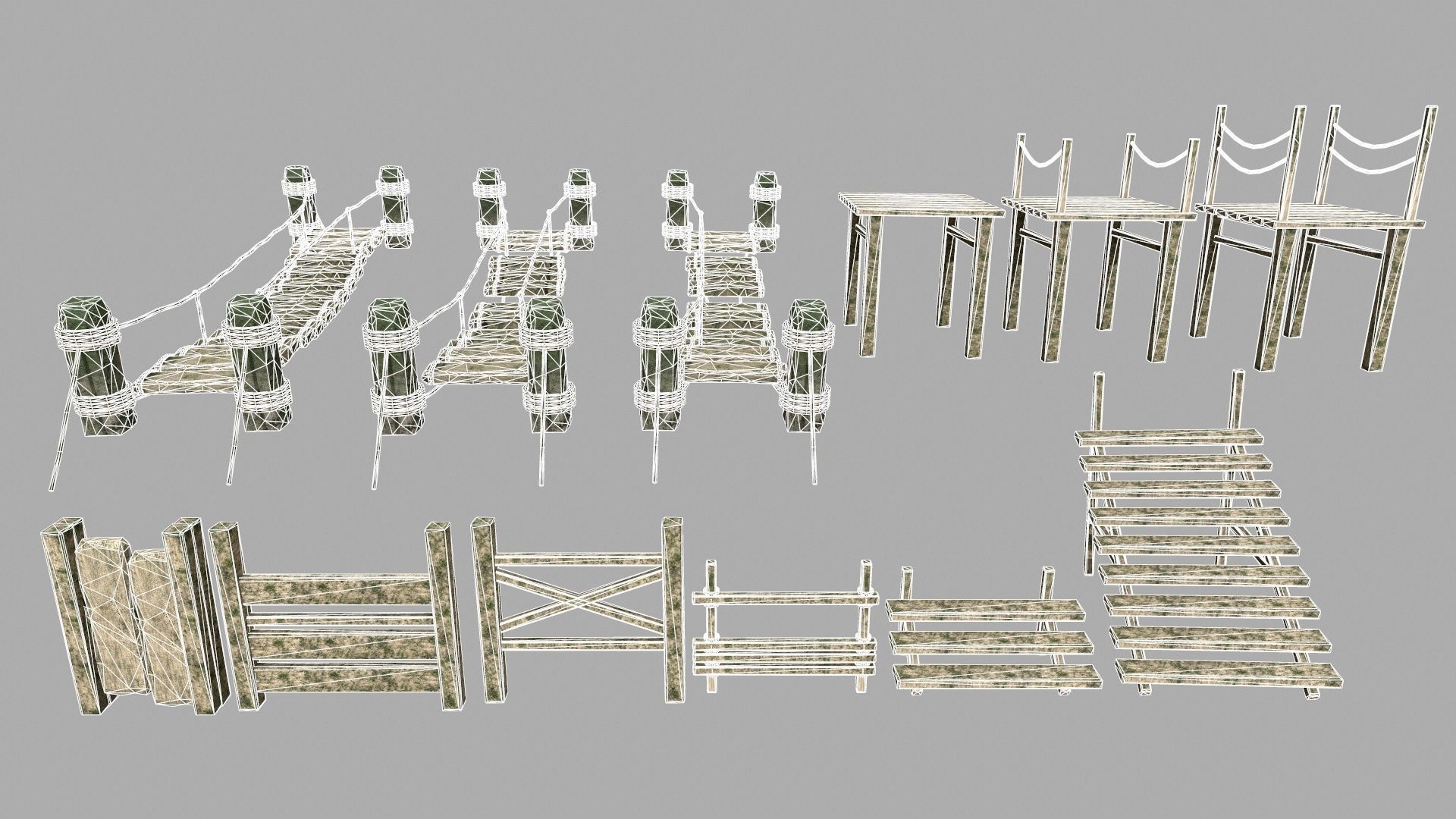 Wood Set stone column Low-poly 3D model_1