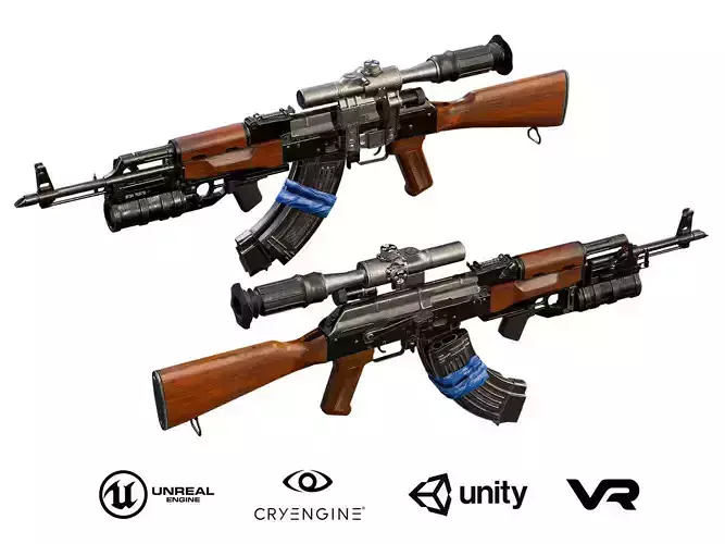 AK-47 with PSO-1 and GP-34 Low-poly 3D model