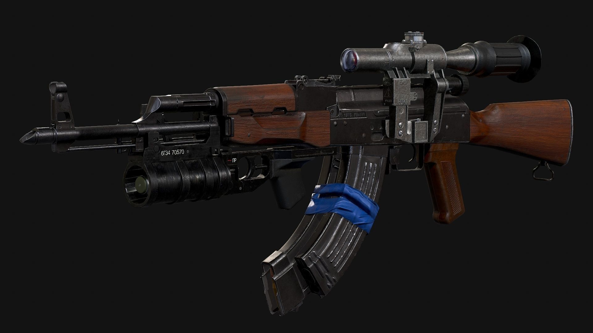 AK-47 with PSO-1 and GP-34 Low-poly 3D model_12